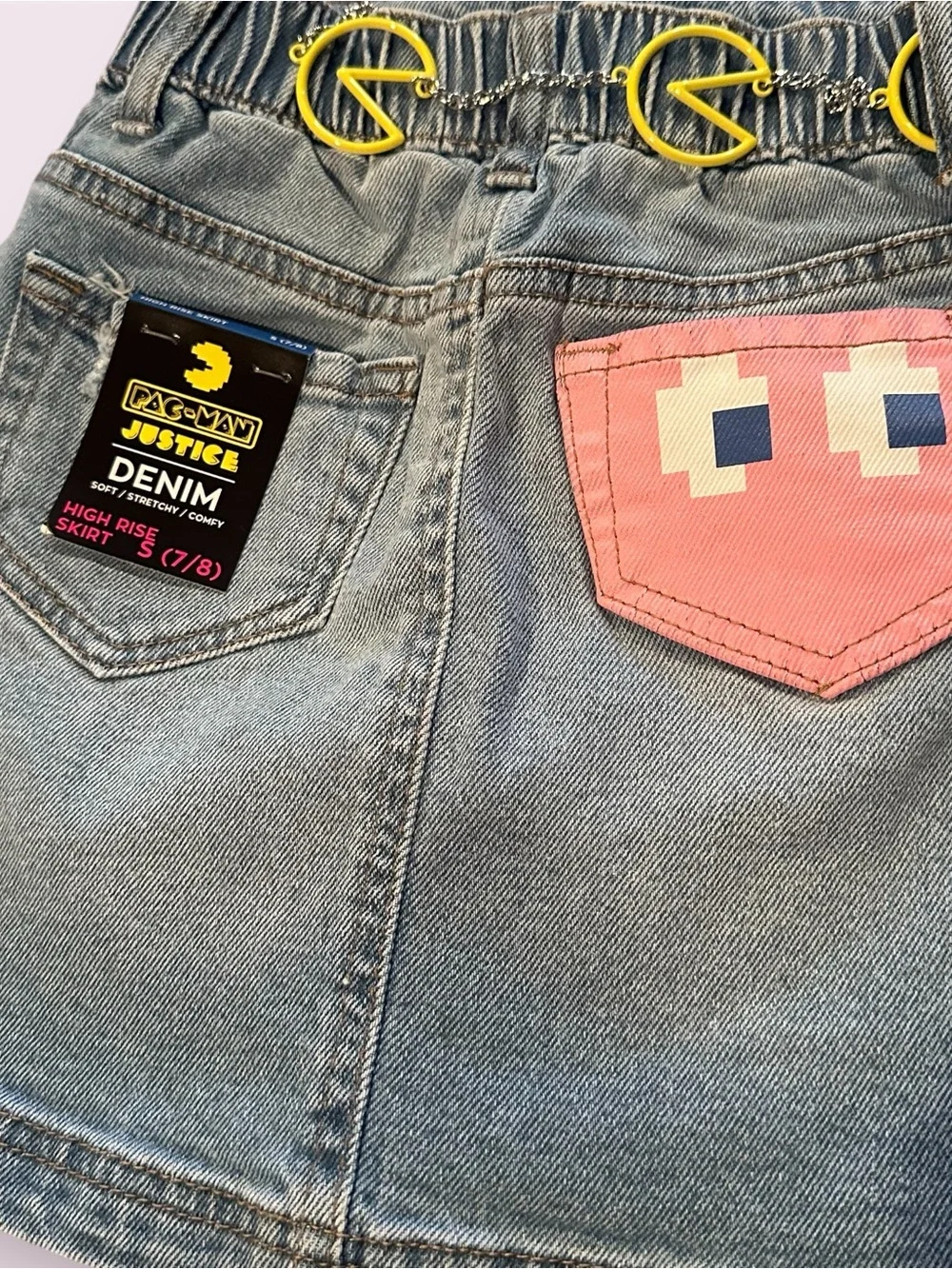 Girls Justice Pac-Man Patch Denim Mini Skirt With Belt **Broken Size Small 7/8